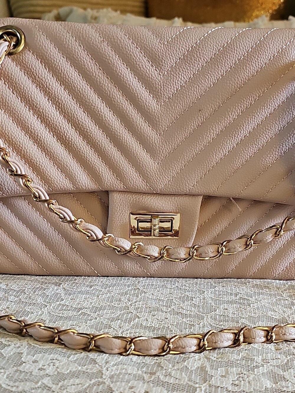 Quilted Chevron Chain Shoulder Bag in Blush